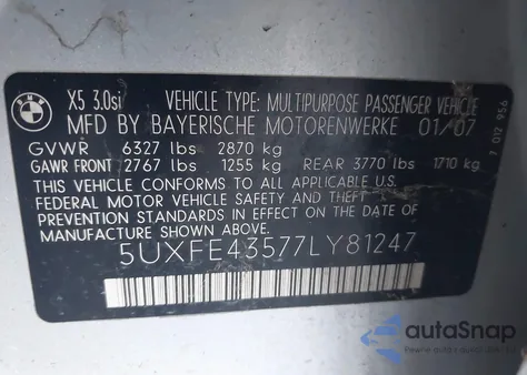 2007 BMW X5 3.0Si from USA, damaged, VIN 5UXFE43577LY81247